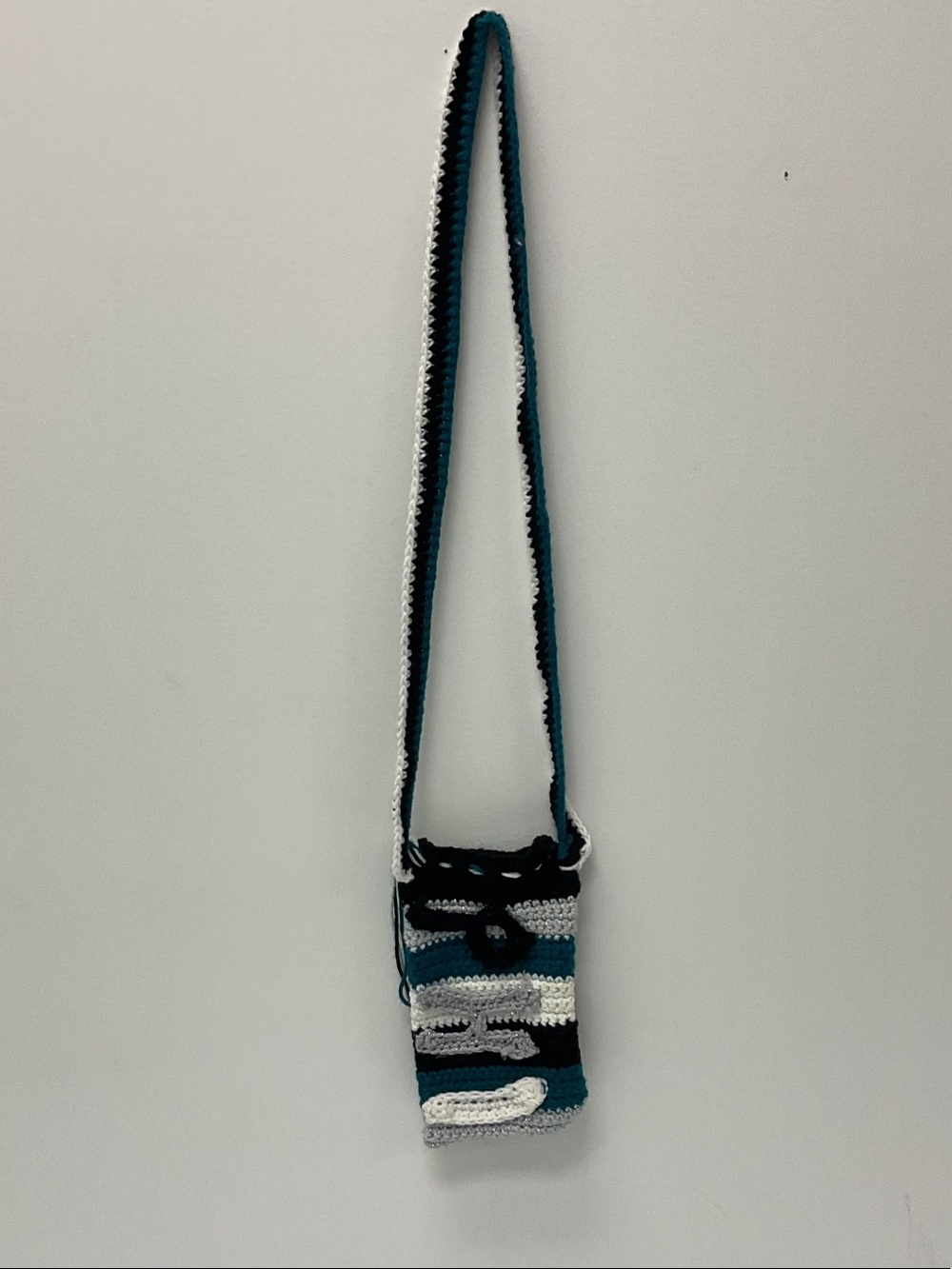 Handmade Crochet Crossbody Phone Bag in Teal, Black & White